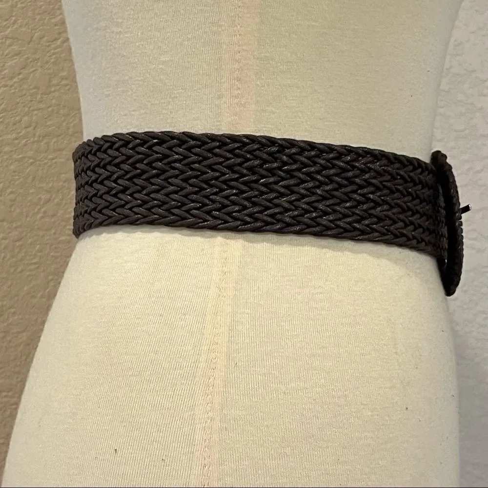 Boho Wide Braided Woven Belt Oversized Round Buckle Cinch Taupe Brown OS